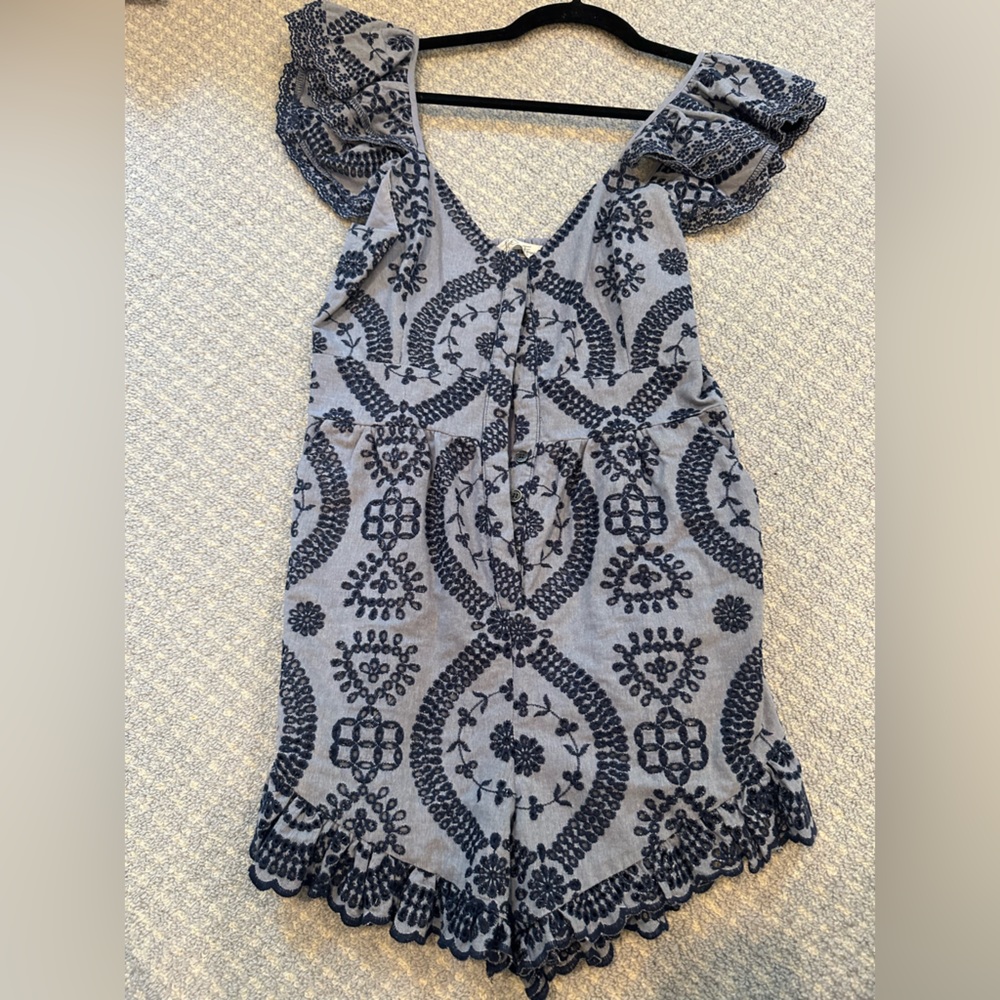 LoveShackFancy Lucy Romper Blue Embroidery